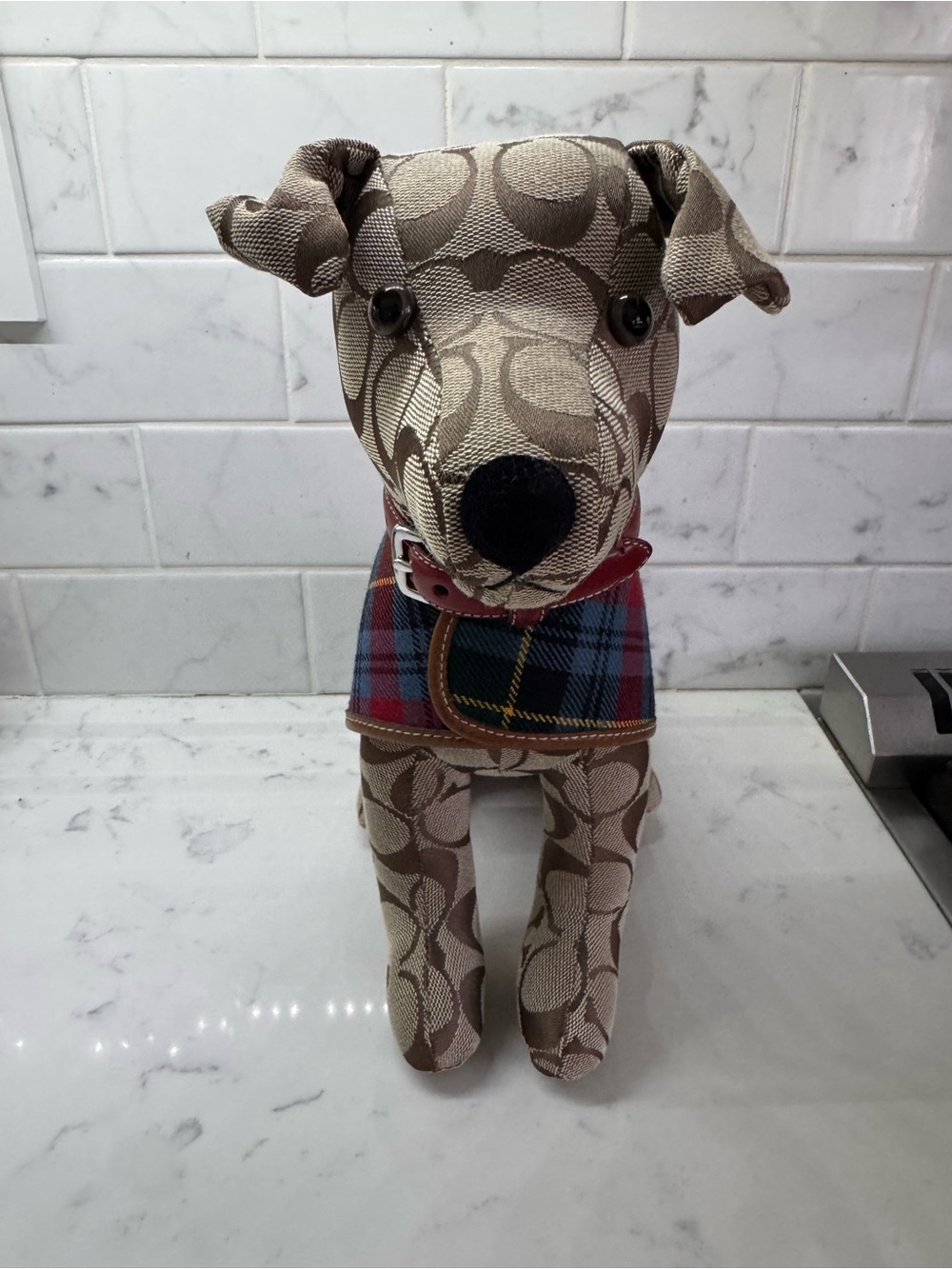 RARE Coach Tan Signature-Print Plush Dog with Plaid Jacket